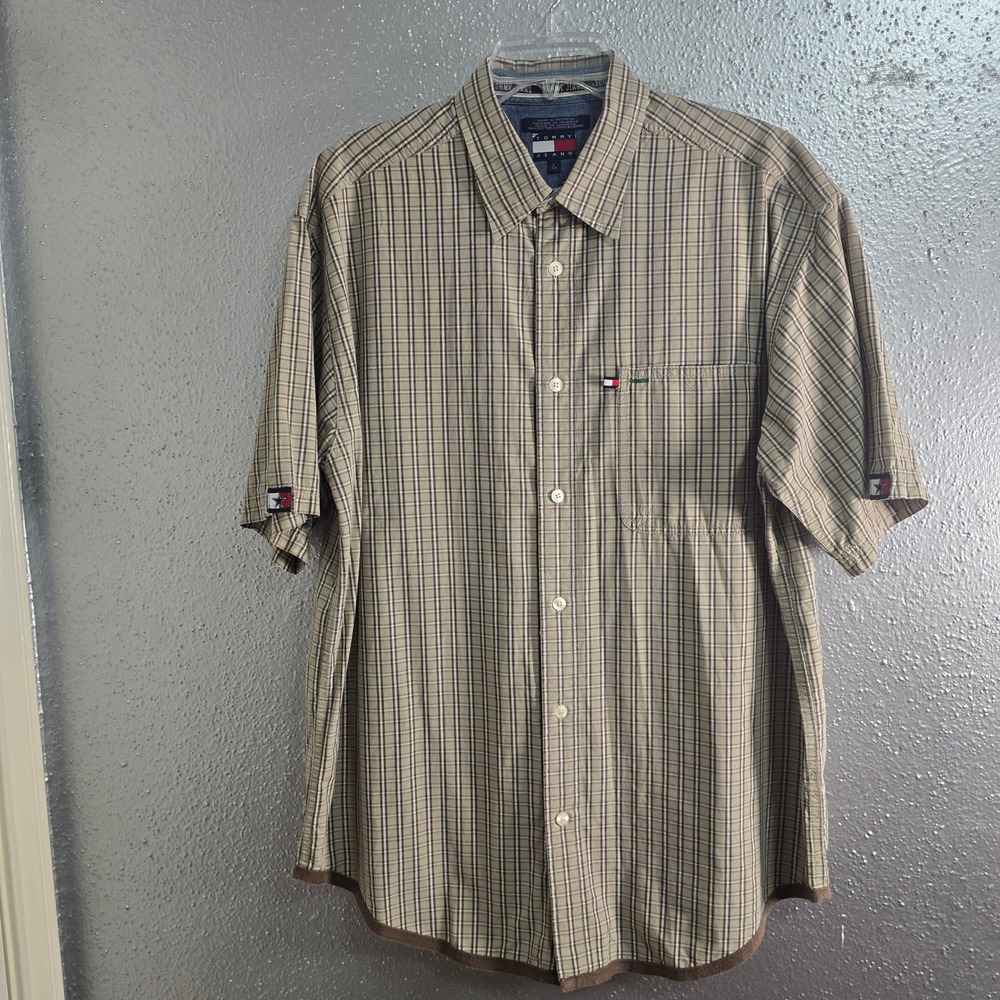 Tommy Jeans Mens Large Tan Brown Plaid Short Sleeve Button Down Shirt Cotton